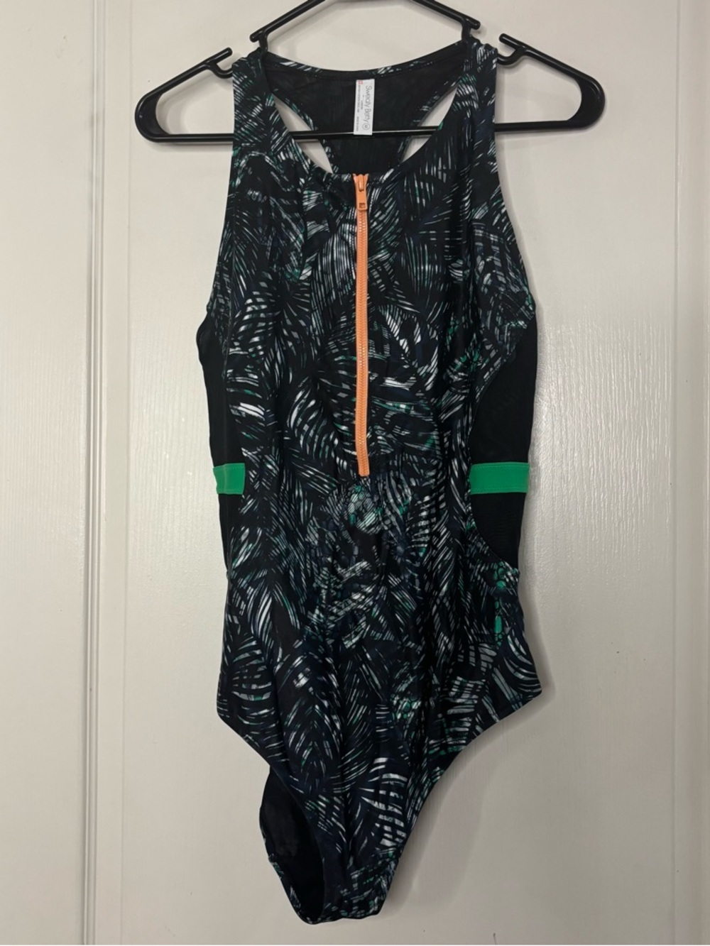 Sweaty Betty Black One-Piece Swimsuit with Green Accents and Orange Zip